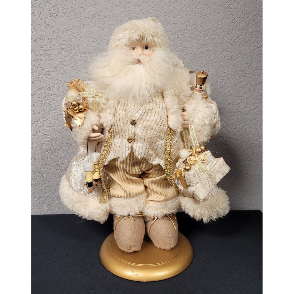Santa Claus Figure on Base Gold White Carrying Gifts Approximately 16 inch Tall